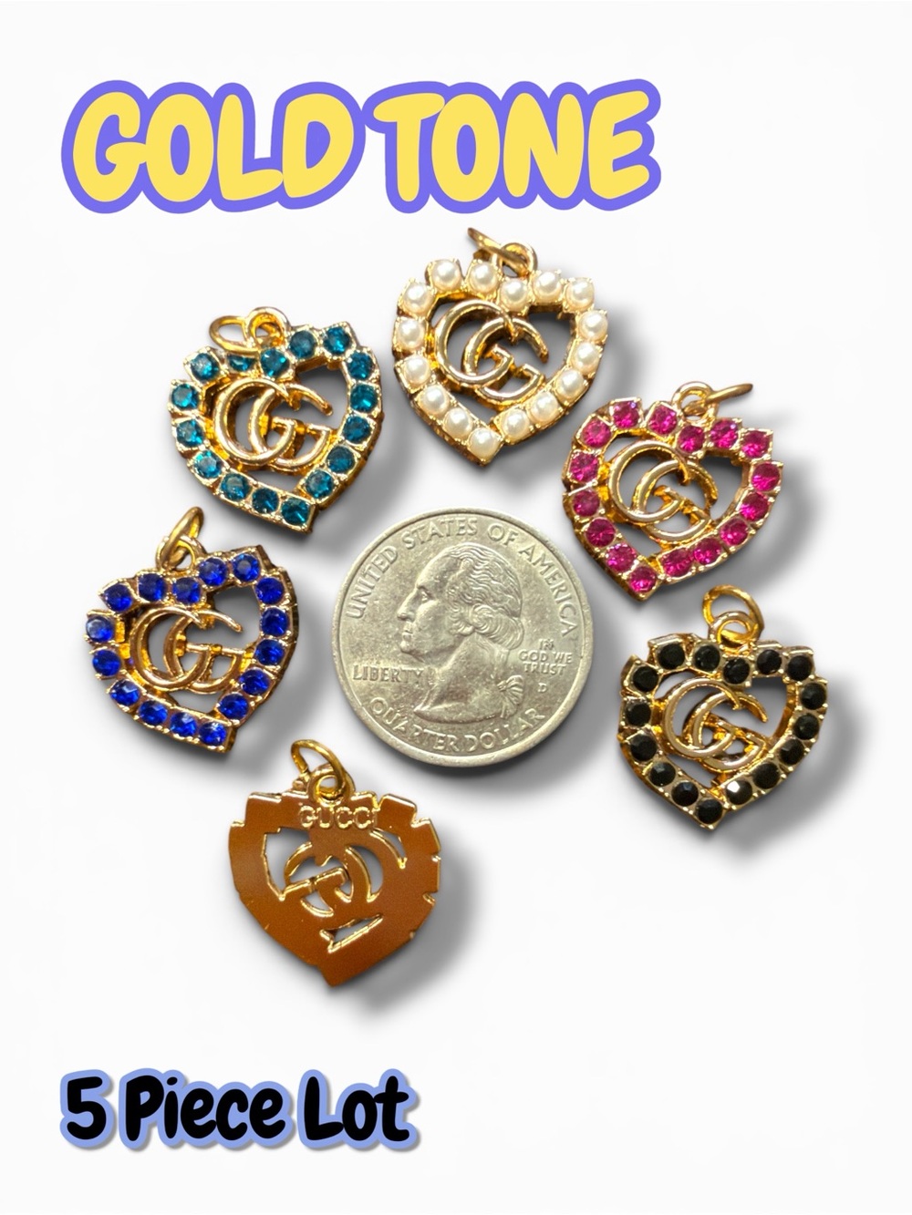 5 Piece Lot Heart Rhinestone GG Zipper Pull Button Charm